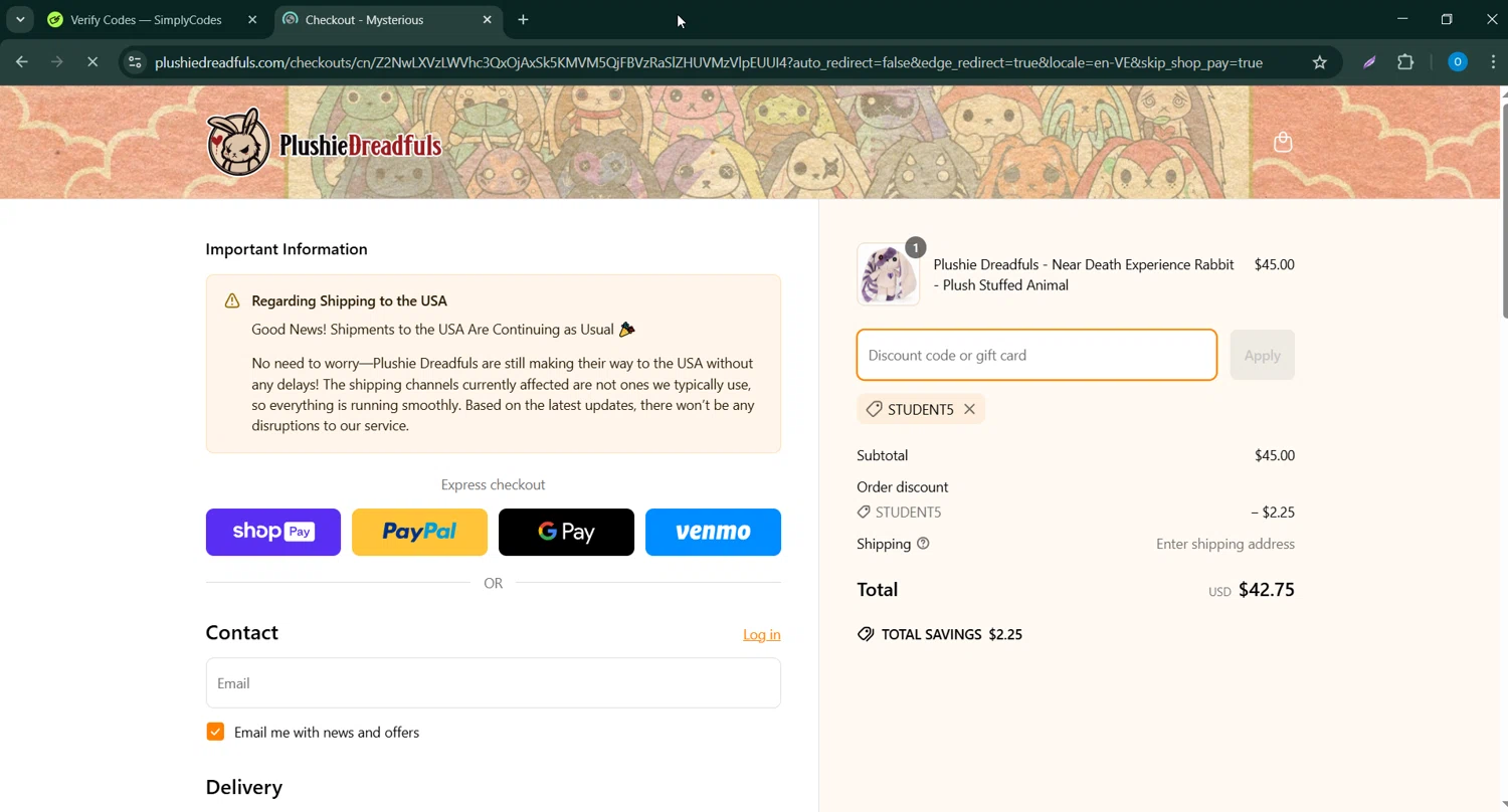 Plushie Dreadfuls Official promo code screenshot showing code student5 applied at Plushie Dreadfuls Official checkout page. Uploaded by SimplyCodes community member GoldChaser6627 on Mar 25, 2025