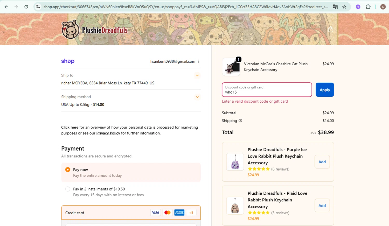 Plushie Dreadfuls Official promo code screenshot showing code whd15 applied at Plushie Dreadfuls Official checkout page. Uploaded by SimplyCodes community member Selesbarbera24 on Dec 3, 2025