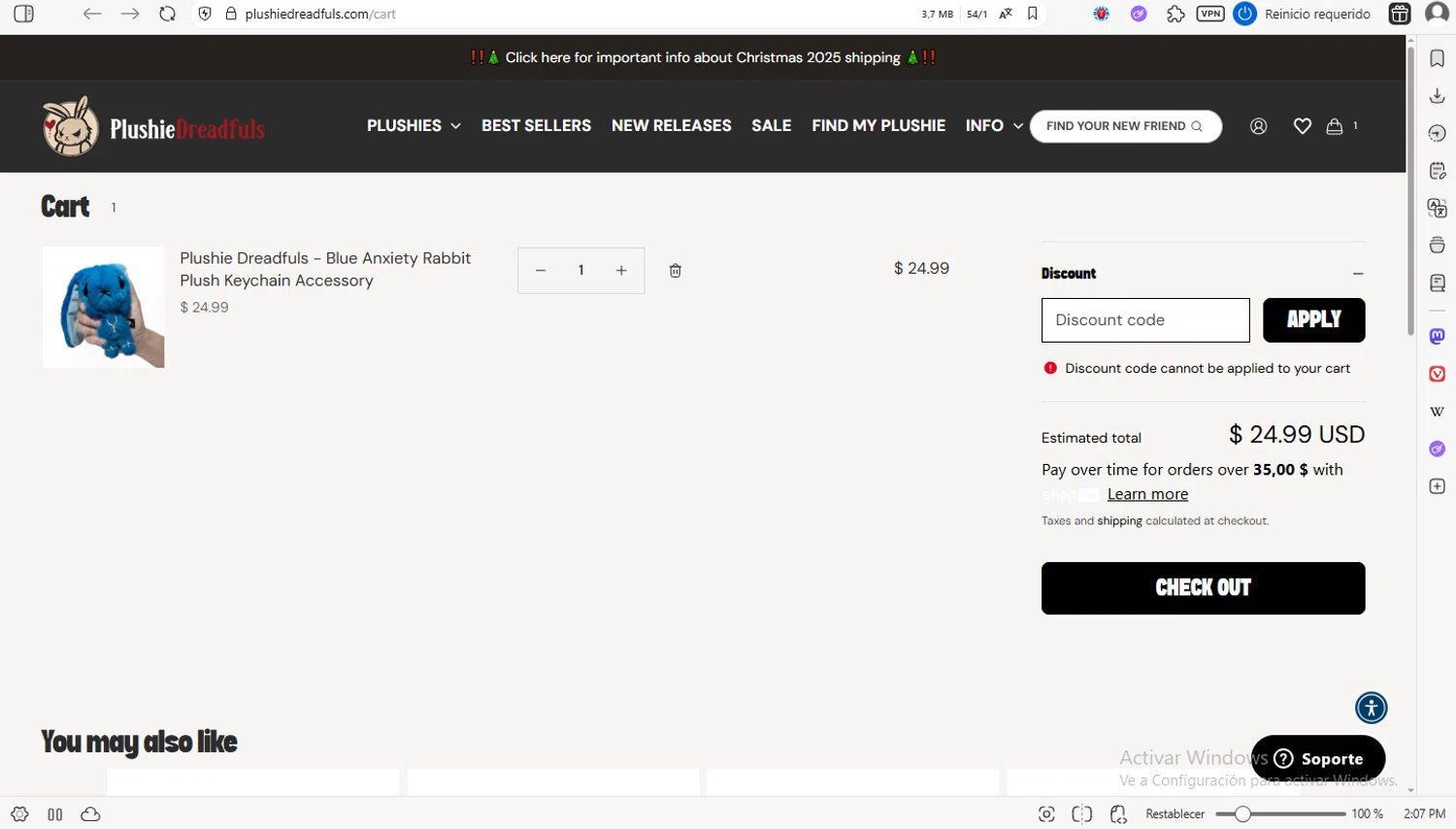Plushie Dreadfuls Official promo code screenshot showing code whd15 applied at Plushie Dreadfuls Official checkout page. Uploaded by SimplyCodes community member luissilva2 on Dec 3, 2025