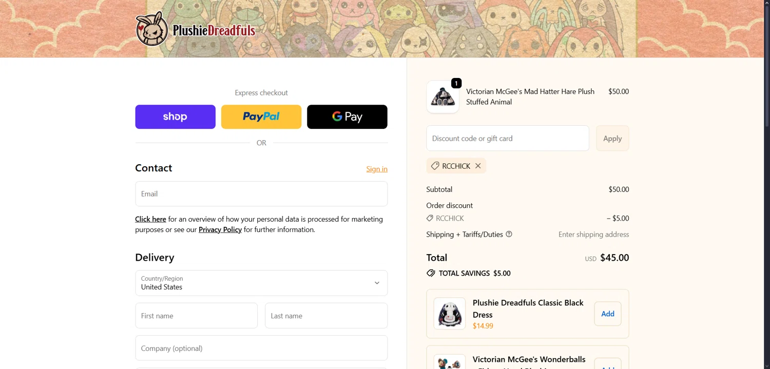Plushie Dreadfuls Official promo code screenshot showing code RCCHICK applied at Plushie Dreadfuls Official checkout page. Uploaded by SimplyCodes community member Dorothy on Sep 27, 2025