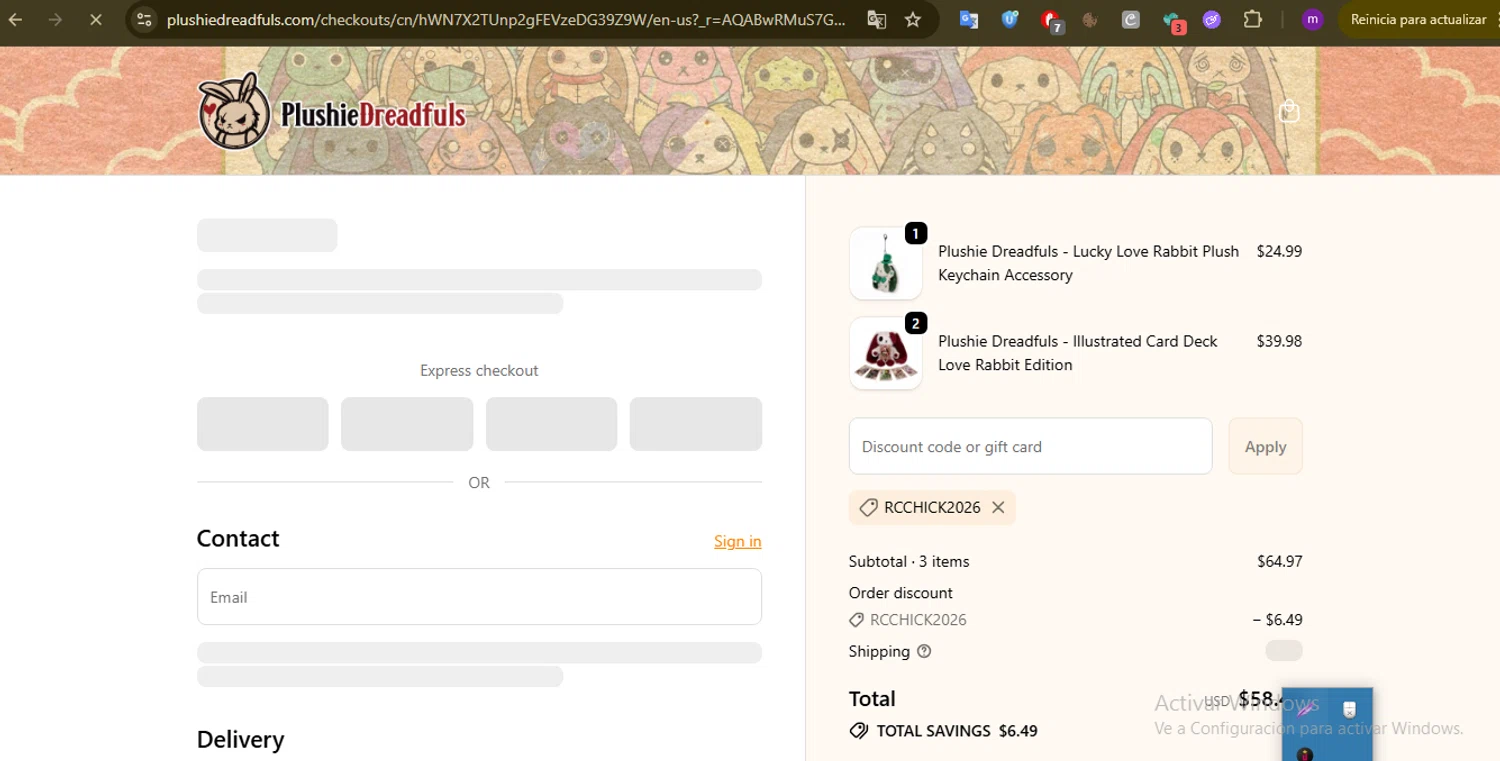Plushie Dreadfuls Official promo code screenshot showing code RCCHICK2026 applied at Plushie Dreadfuls Official checkout page. Uploaded by SimplyCodes community member MightyTracker1549 on Jan 12, 2026