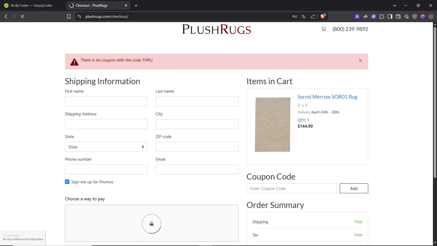 PlushRugs coupon code screenshot showing code THRU applied at PlushRugs checkout page. Uploaded by SimplyCodes community member Morrachida04 on Apr 20, 2025