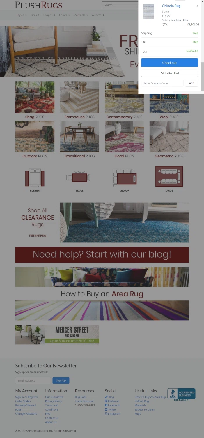 PlushRugs checkout page showing PlushRugs coupon code box | Screenshot taken by SimplyCodes community member on Jun 10, 2020