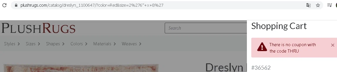PlushRugs checkout page showing PlushRugs coupon code box | Screenshot taken by SimplyCodes community member on Jun 11, 2020