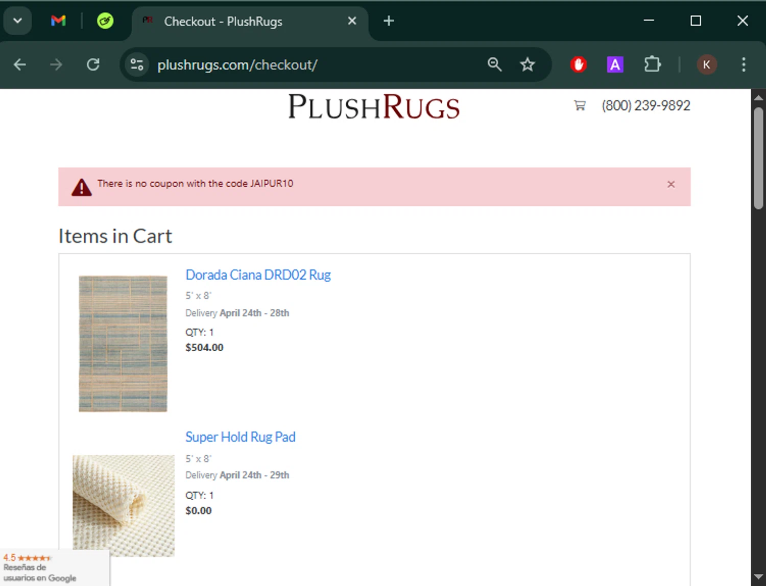 PlushRugs coupon code screenshot showing code JAIPUR10 applied at PlushRugs checkout page. Uploaded by SimplyCodes community member Keilynkeyonshea on Apr 20, 2025