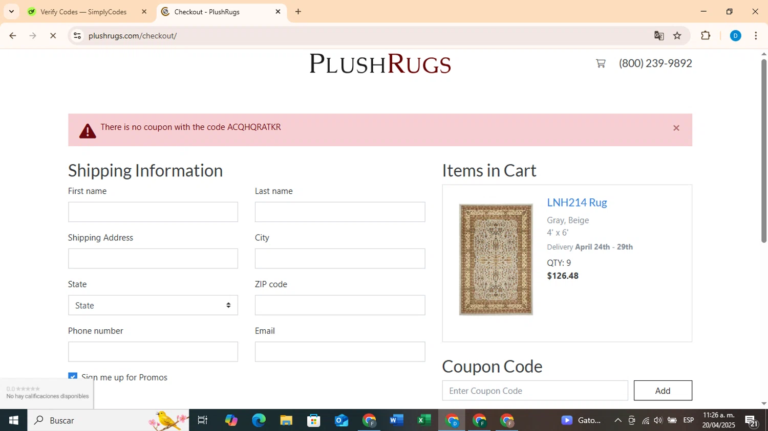 PlushRugs coupon code screenshot showing code ACQHQRATKR applied at PlushRugs checkout page. Uploaded by SimplyCodes community member WiseElite4102 on Apr 20, 2025