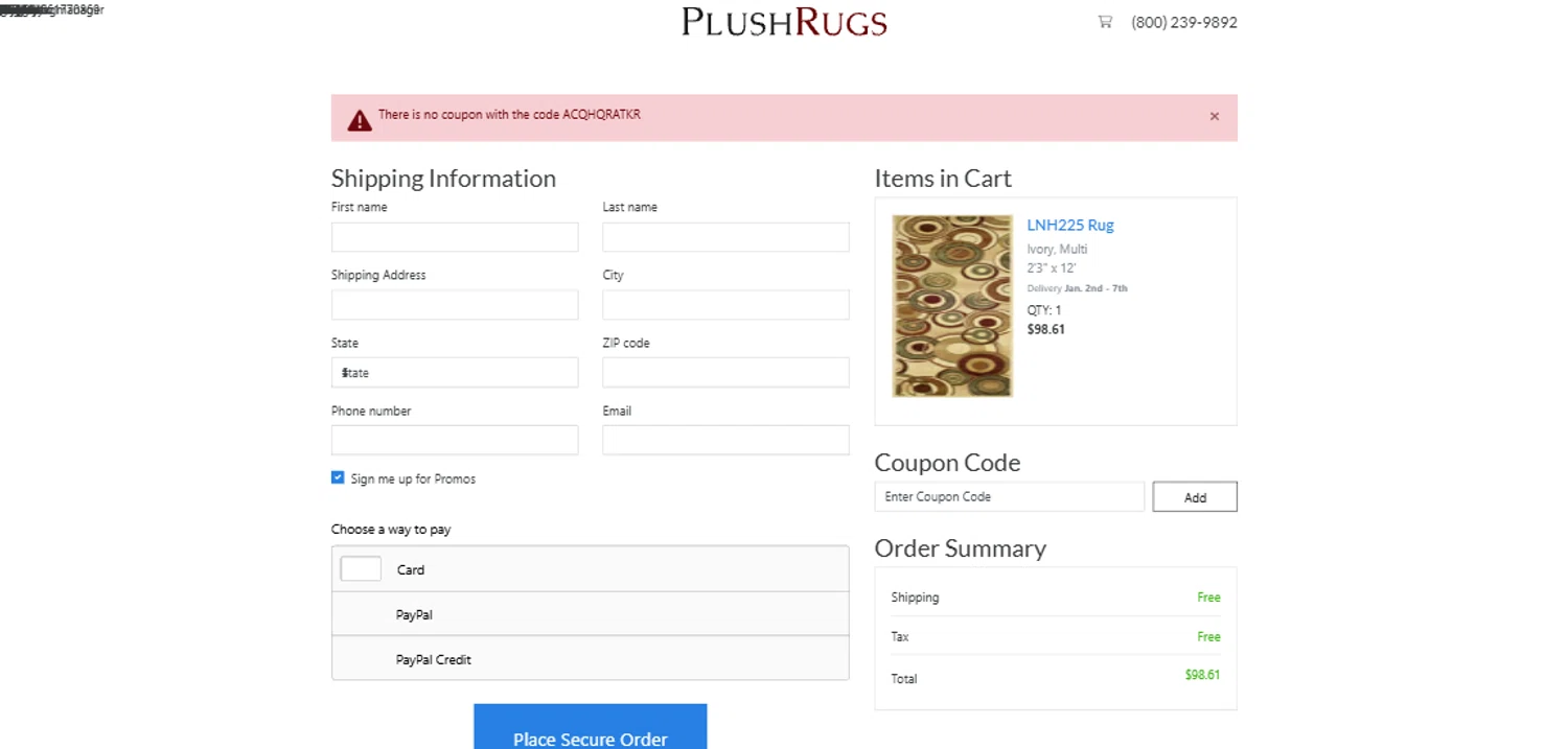 PlushRugs coupon code screenshot showing code ACQHQRATKR applied at PlushRugs checkout page. Uploaded by SimplyCodes community member PennyRanger8219 on Dec 27, 2024