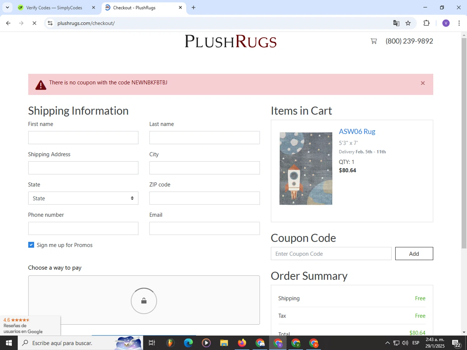 PlushRugs coupon code screenshot showing code NEWNBKFBTBJ applied at PlushRugs checkout page. Uploaded by SimplyCodes community member Satoru_gojo on Jan 29, 2025