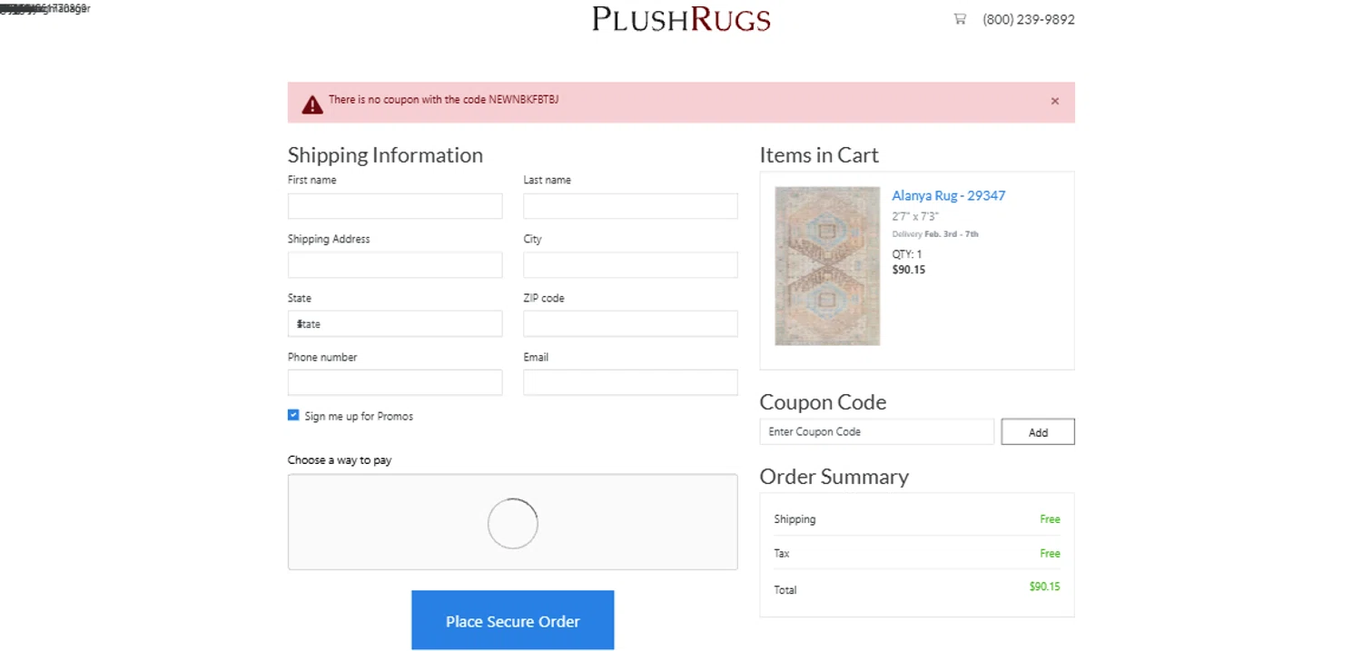 PlushRugs coupon code screenshot showing code NEWNBKFBTBJ applied at PlushRugs checkout page. Uploaded by SimplyCodes community member NobleMaestro6498 on Jan 29, 2025