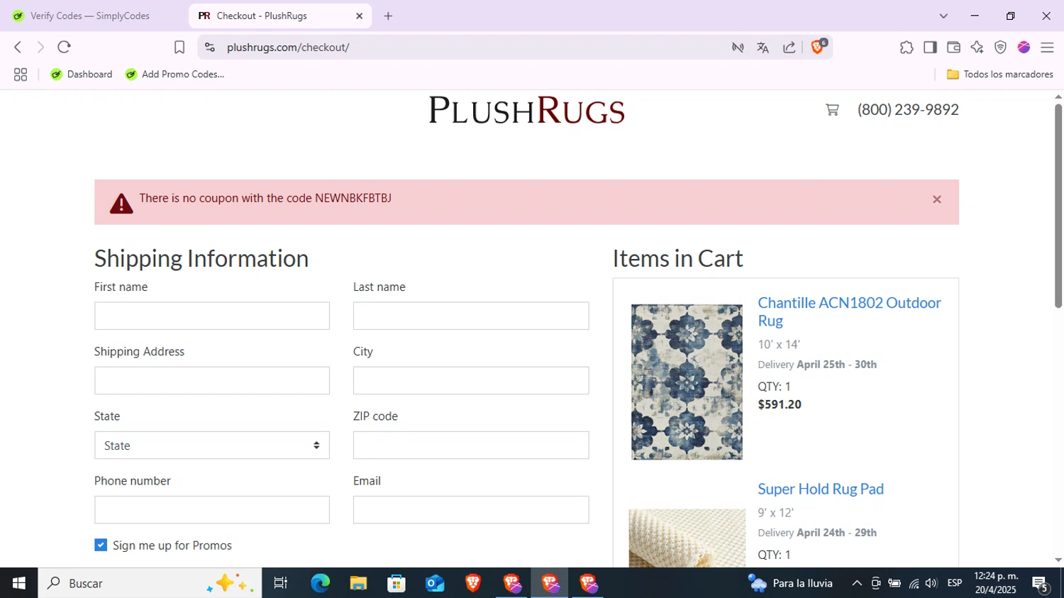 PlushRugs coupon code screenshot showing code NEWNBKFBTBJ applied at PlushRugs checkout page. Uploaded by SimplyCodes community member LaVelaEnPinta on Apr 20, 2025