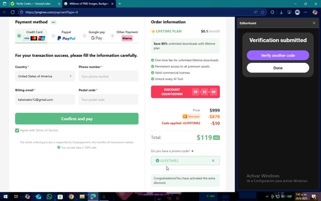 Pngtree checkout page showing Pngtree promo code box | Screenshot taken by SimplyCodes community member on Aug 28, 2025