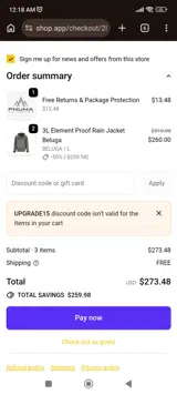 UPGRADE15 coupon verification screenshot