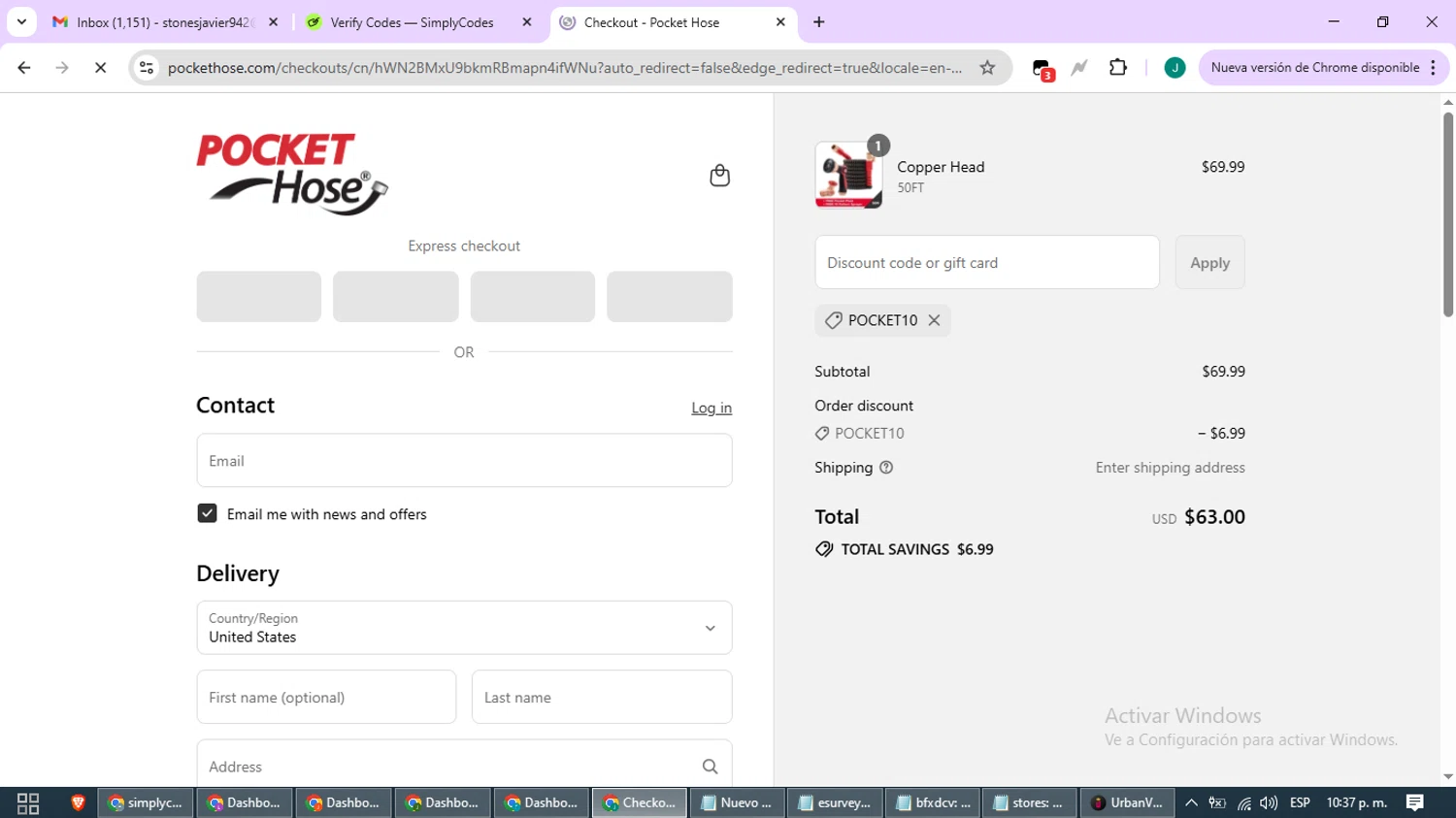 Pocket Hose discount code screenshot showing code POCKET10 applied at Pocket Hose checkout page. Uploaded by SimplyCodes community member SavvyCurator1770 on Aug 24, 2025