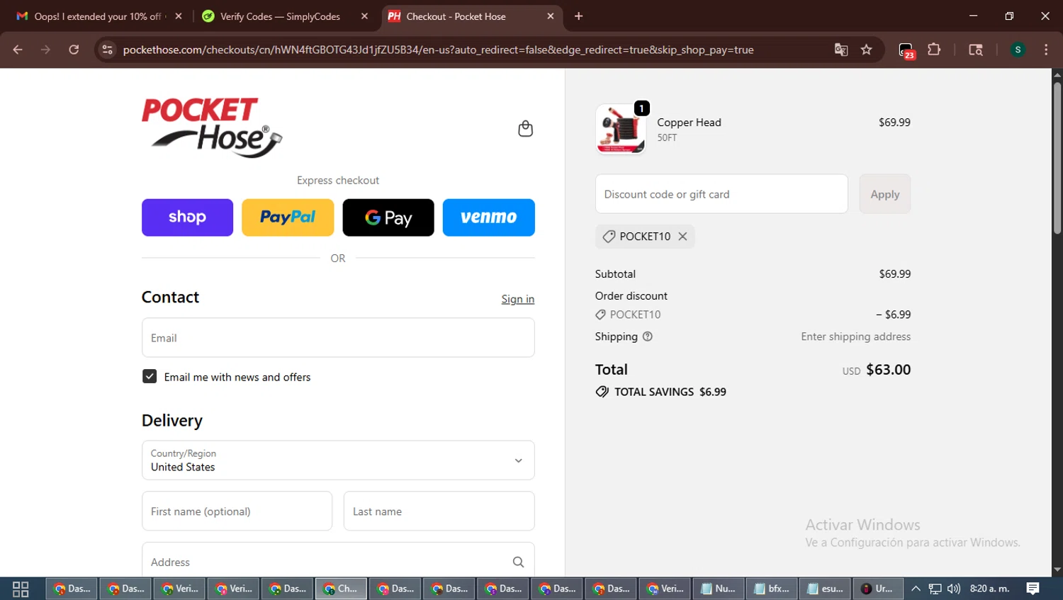 Pocket Hose discount code screenshot showing code POCKET10 applied at Pocket Hose checkout page. Uploaded by SimplyCodes community member ShrewdAce7935 on Oct 29, 2025