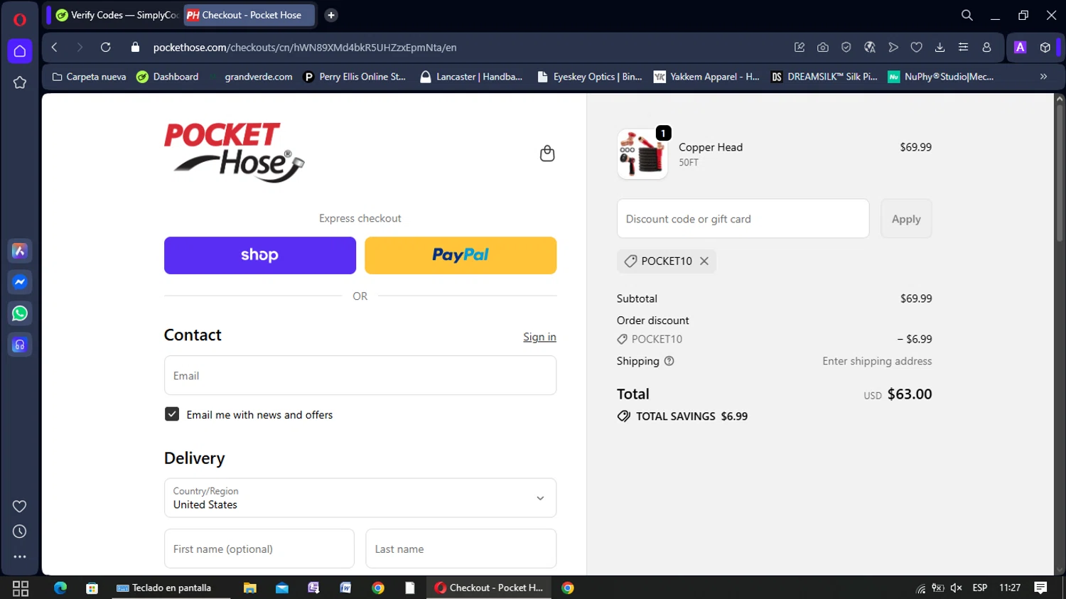 Pocket Hose discount code screenshot showing code POCKET10 applied at Pocket Hose checkout page. Uploaded by SimplyCodes community member yisusgamer on Jan 29, 2026