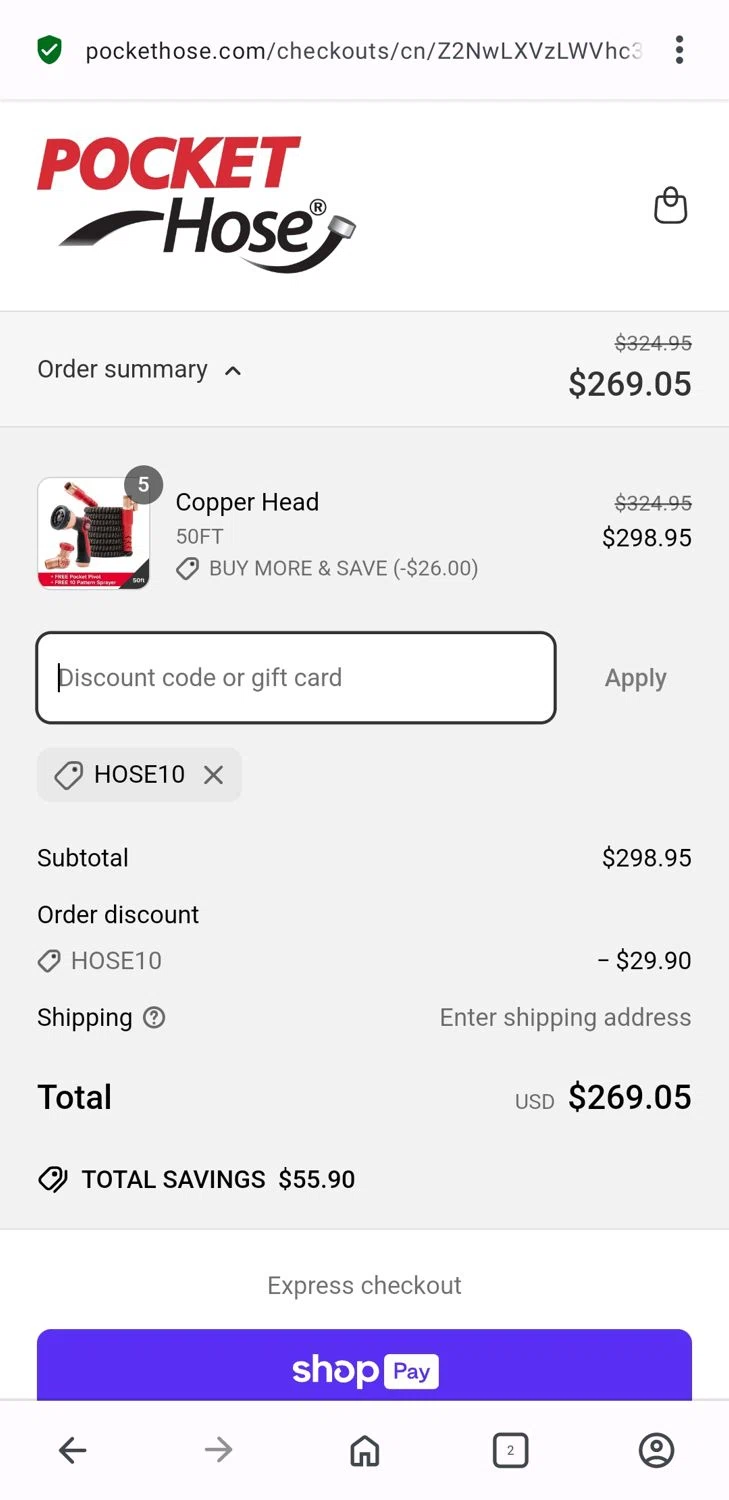 Pocket Hose discount code screenshot showing code Hose10 applied at Pocket Hose checkout page. Uploaded by SimplyCodes community member FrugalCaptain6906 on Apr 2, 2025