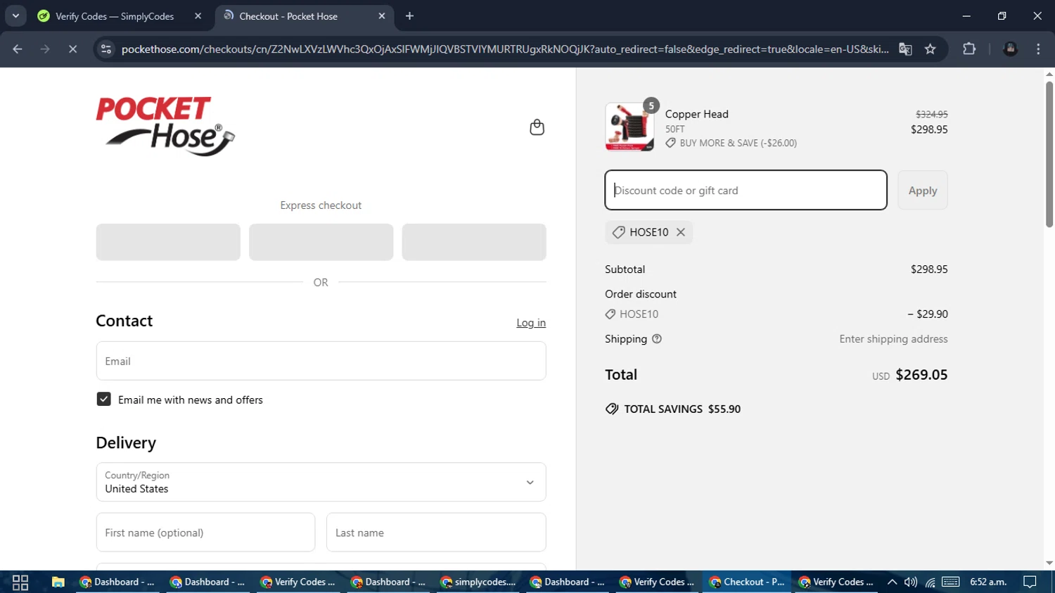 Pocket Hose discount code screenshot showing code Hose10 applied at Pocket Hose checkout page. Uploaded by SimplyCodes community member ValueElite5945 on Apr 2, 2025
