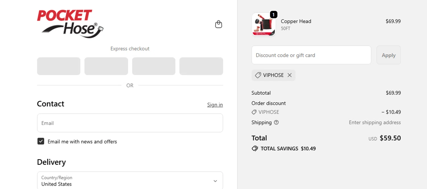 Pocket Hose discount code screenshot showing code Viphose applied at Pocket Hose checkout page. Uploaded by SimplyCodes community member Toundji on Oct 29, 2025