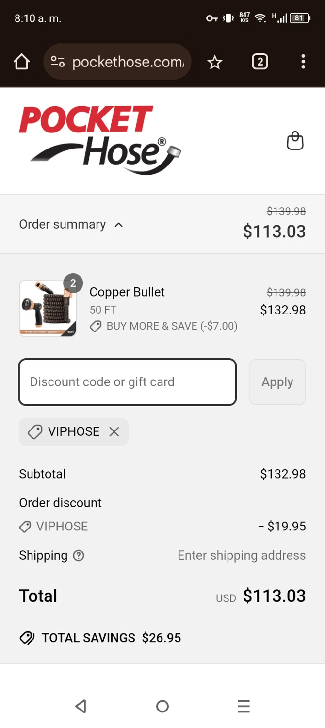 Pocket Hose discount code screenshot showing code Viphose applied at Pocket Hose checkout page. Uploaded by SimplyCodes community member NobleScholar4826 on Apr 6, 2025