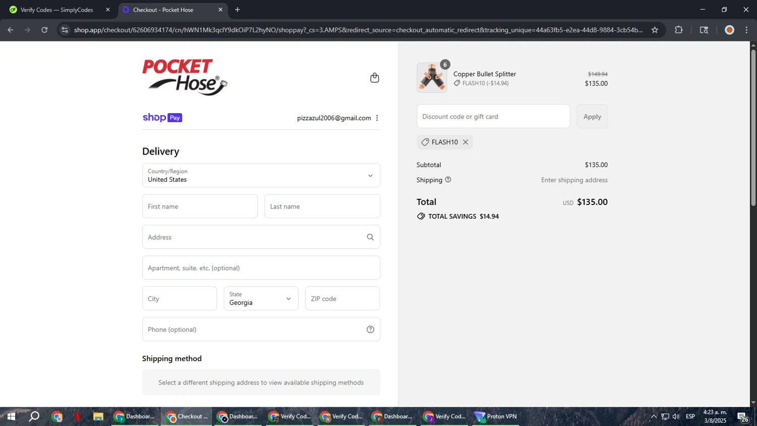 Pocket Hose discount code screenshot showing code FLASH10 applied at Pocket Hose checkout page. Uploaded by SimplyCodes community member BonusCaptain9927 on Aug 3, 2025