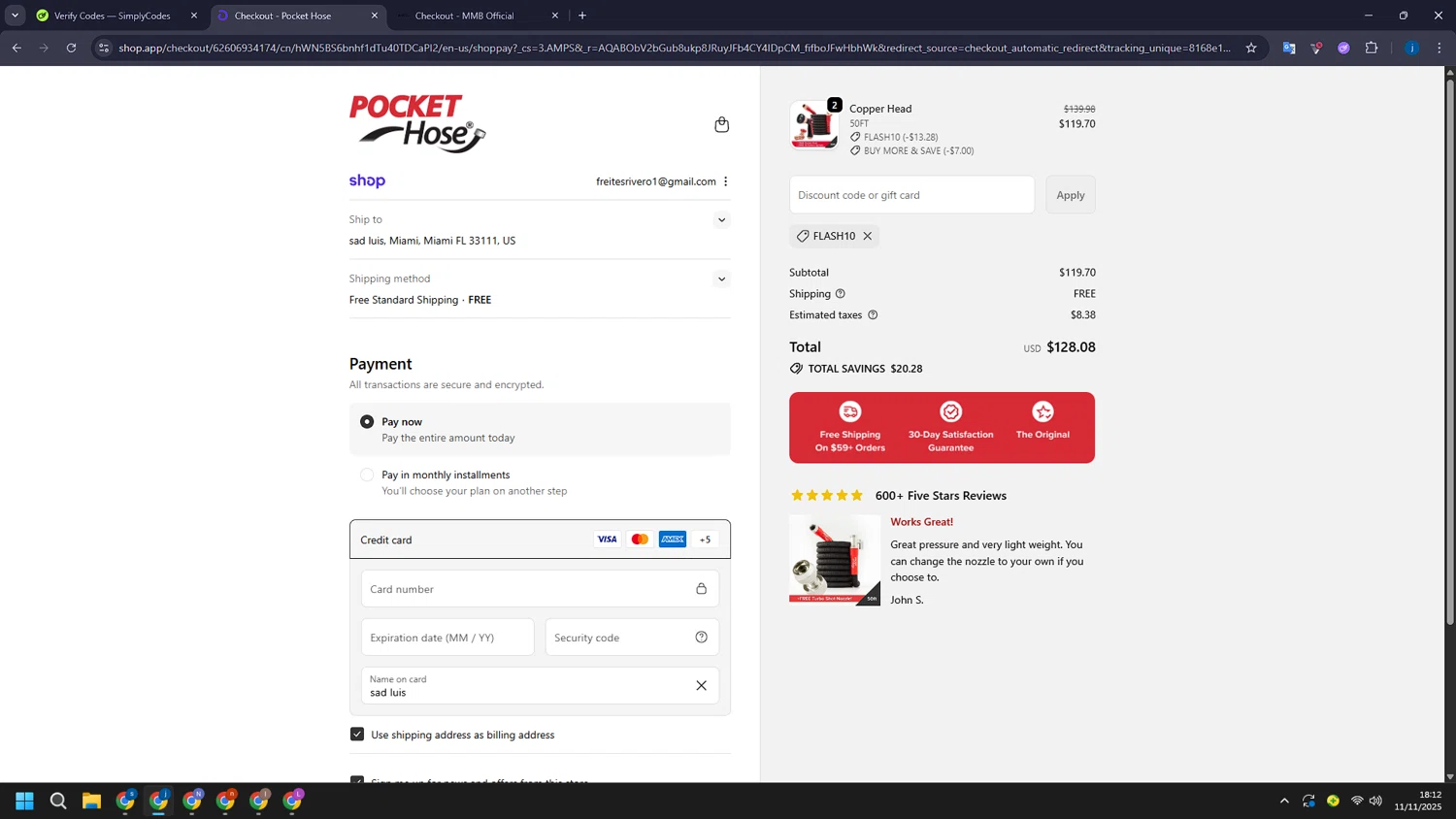 Pocket Hose discount code screenshot showing code FLASH10 applied at Pocket Hose checkout page. Uploaded by SimplyCodes community member CashLegend3767 on Nov 11, 2025