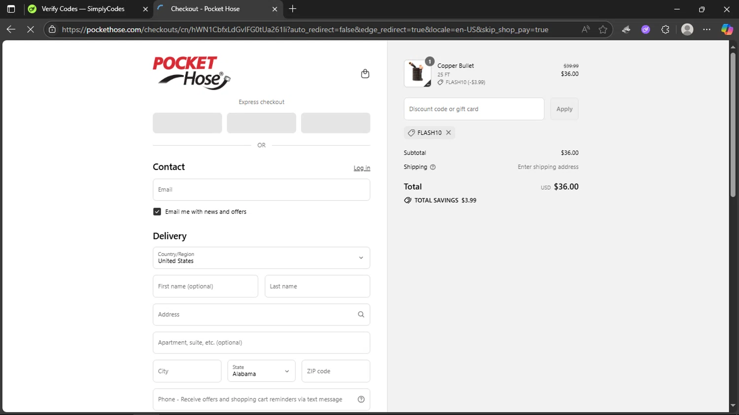 Pocket Hose discount code screenshot showing code FLASH10 applied at Pocket Hose checkout page. Uploaded by SimplyCodes community member JuanChi on Jul 30, 2025