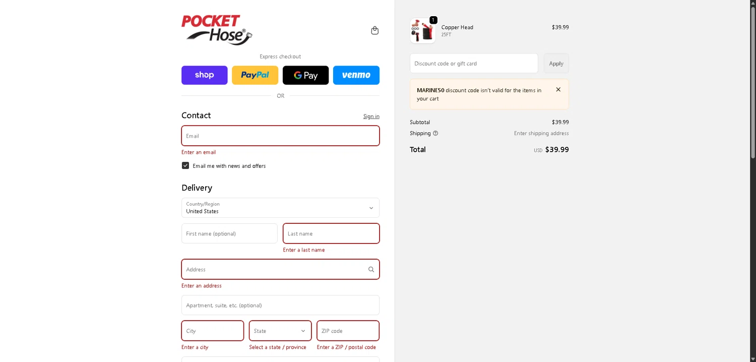 Pocket Hose checkout page showing Pocket Hose discount code box | Screenshot taken by SimplyCodes community member on Feb 7, 2026