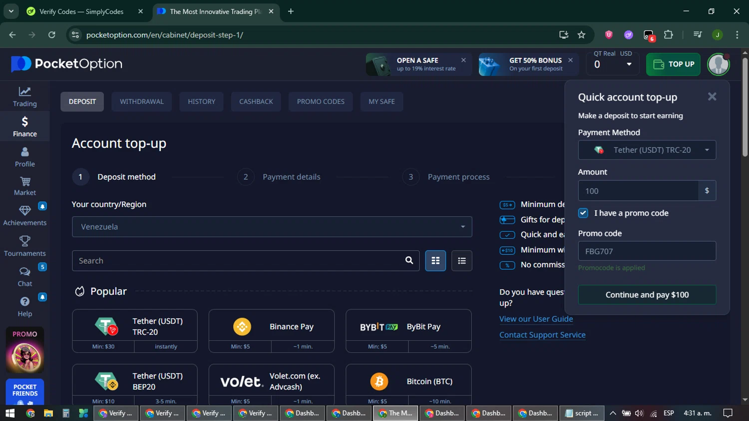 Pocket Option promo code screenshot showing code FBG707 applied at Pocket Option checkout page. Uploaded by SimplyCodes community member ShieldFinder369 on Mar 2, 2026