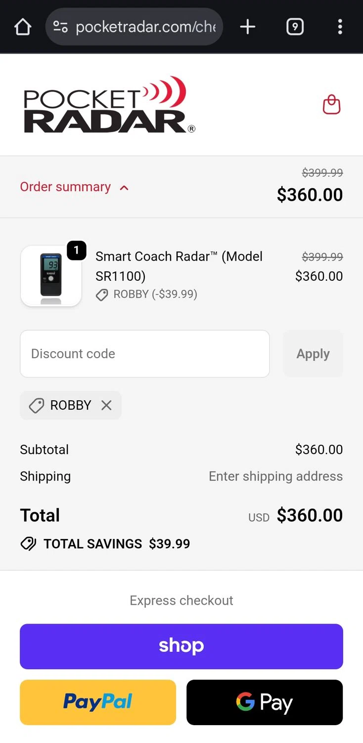 Pocket Radar discount code screenshot showing code robby applied at Pocket Radar checkout page. Uploaded by SimplyCodes community member CleverLynx5188 on Oct 3, 2025