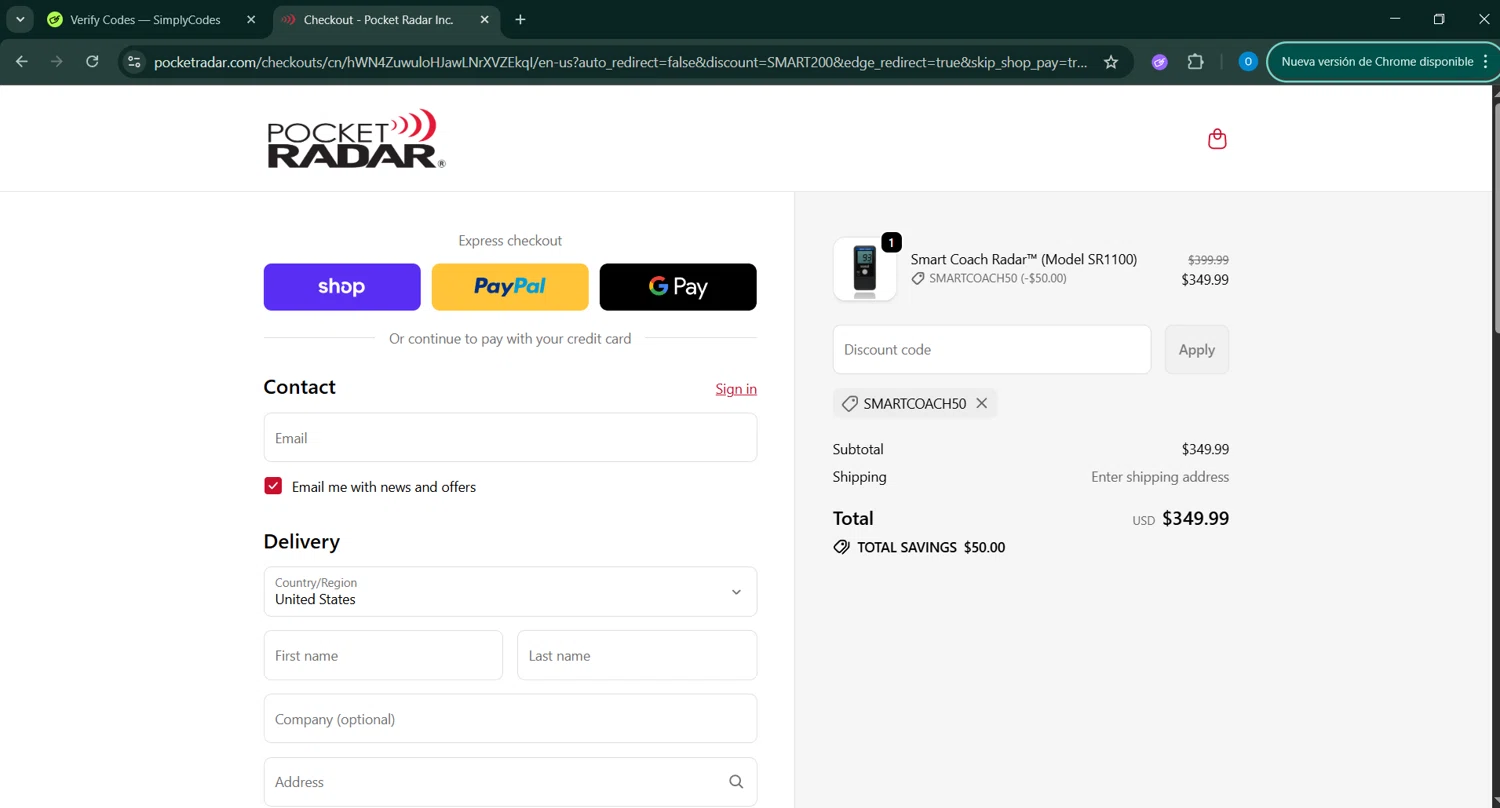 Pocket Radar discount code screenshot showing code SMARTCOACH50 applied at Pocket Radar checkout page. Uploaded by SimplyCodes community member _____________ on Oct 26, 2025