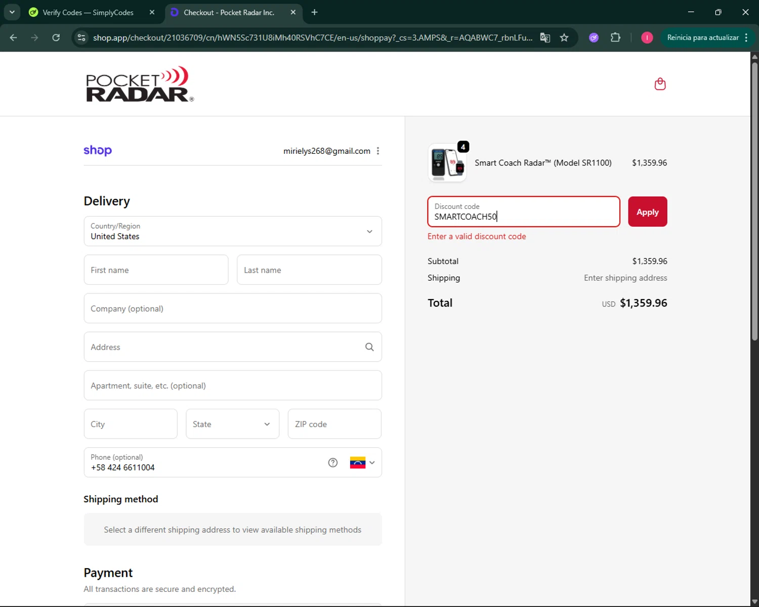 Pocket Radar discount code screenshot showing code SMARTCOACH50 applied at Pocket Radar checkout page. Uploaded by SimplyCodes community member BargainSeeker9964 on Nov 19, 2025