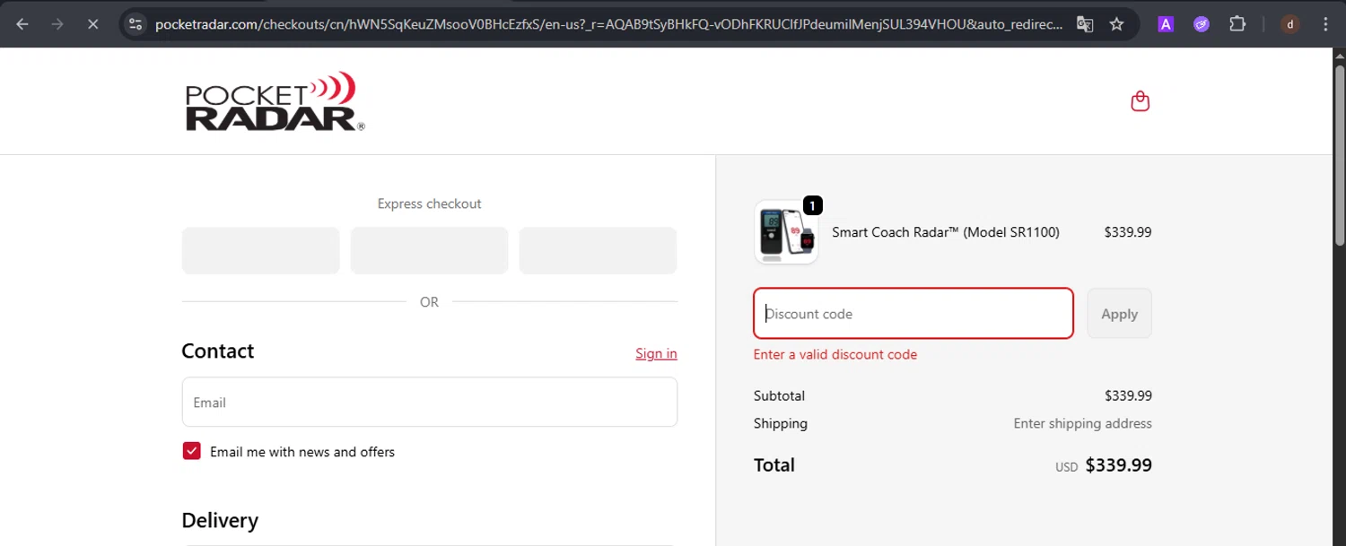 Pocket Radar discount code screenshot showing code SMARTCOACH50 applied at Pocket Radar checkout page. Uploaded by SimplyCodes community member VoucherSpotter9376 on Nov 19, 2025