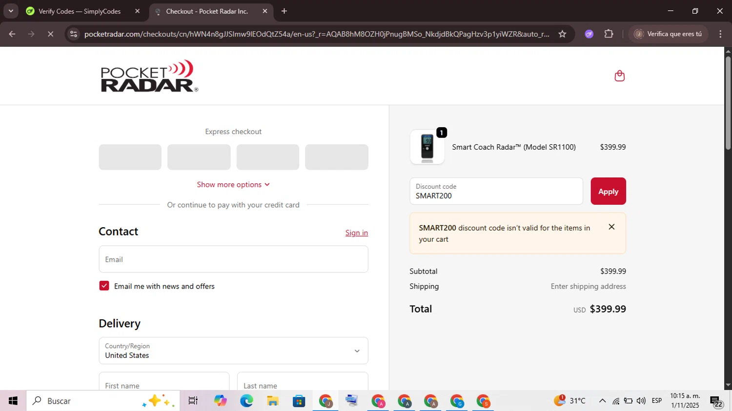 Pocket Radar discount code screenshot showing code SMART200 applied at Pocket Radar checkout page. Uploaded by SimplyCodes community member CrownChaser949 on Nov 1, 2025