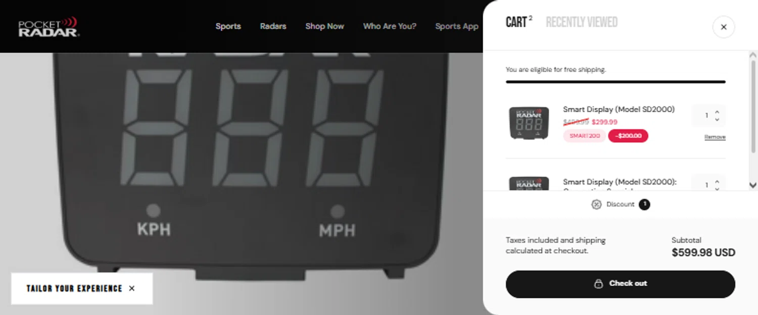 Pocket Radar discount code screenshot showing code SMART200 applied at Pocket Radar checkout page. Uploaded by SimplyCodes community member TraxoGamer on Jan 30, 2026