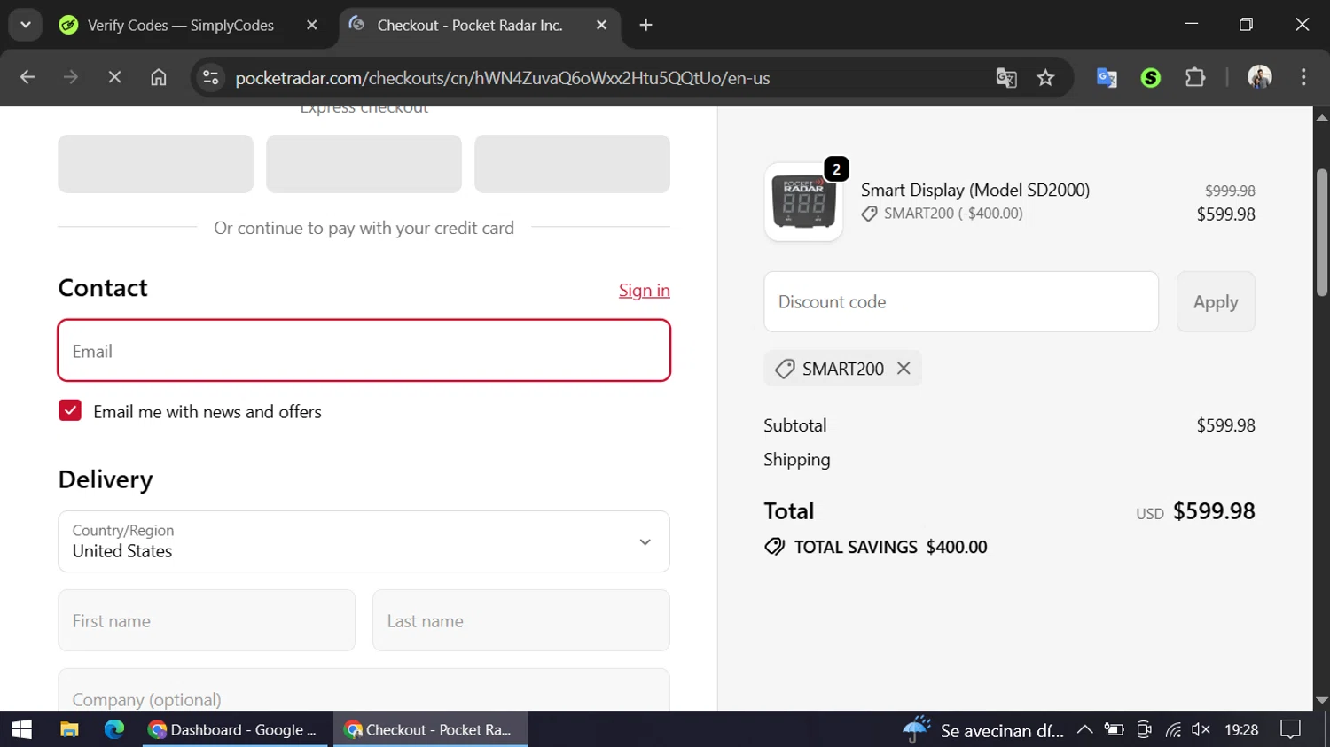 Pocket Radar discount code screenshot showing code SMART200 applied at Pocket Radar checkout page. Uploaded by SimplyCodes community member ariannycfh on Oct 26, 2025