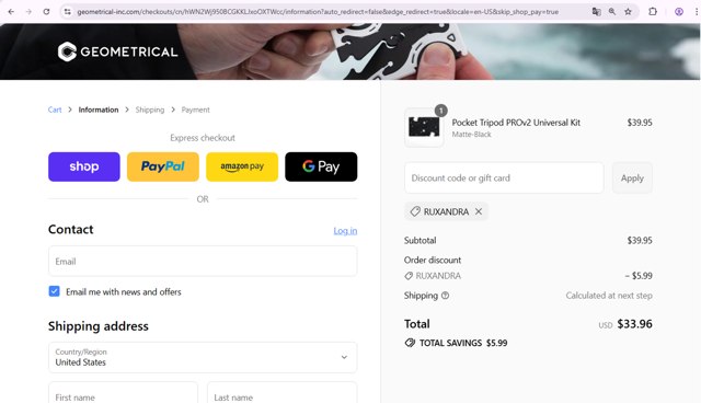 Pocket Tripod checkout page showing Pocket Tripod discount code box | Screenshot taken by SimplyCodes community member on Sep 2, 2025