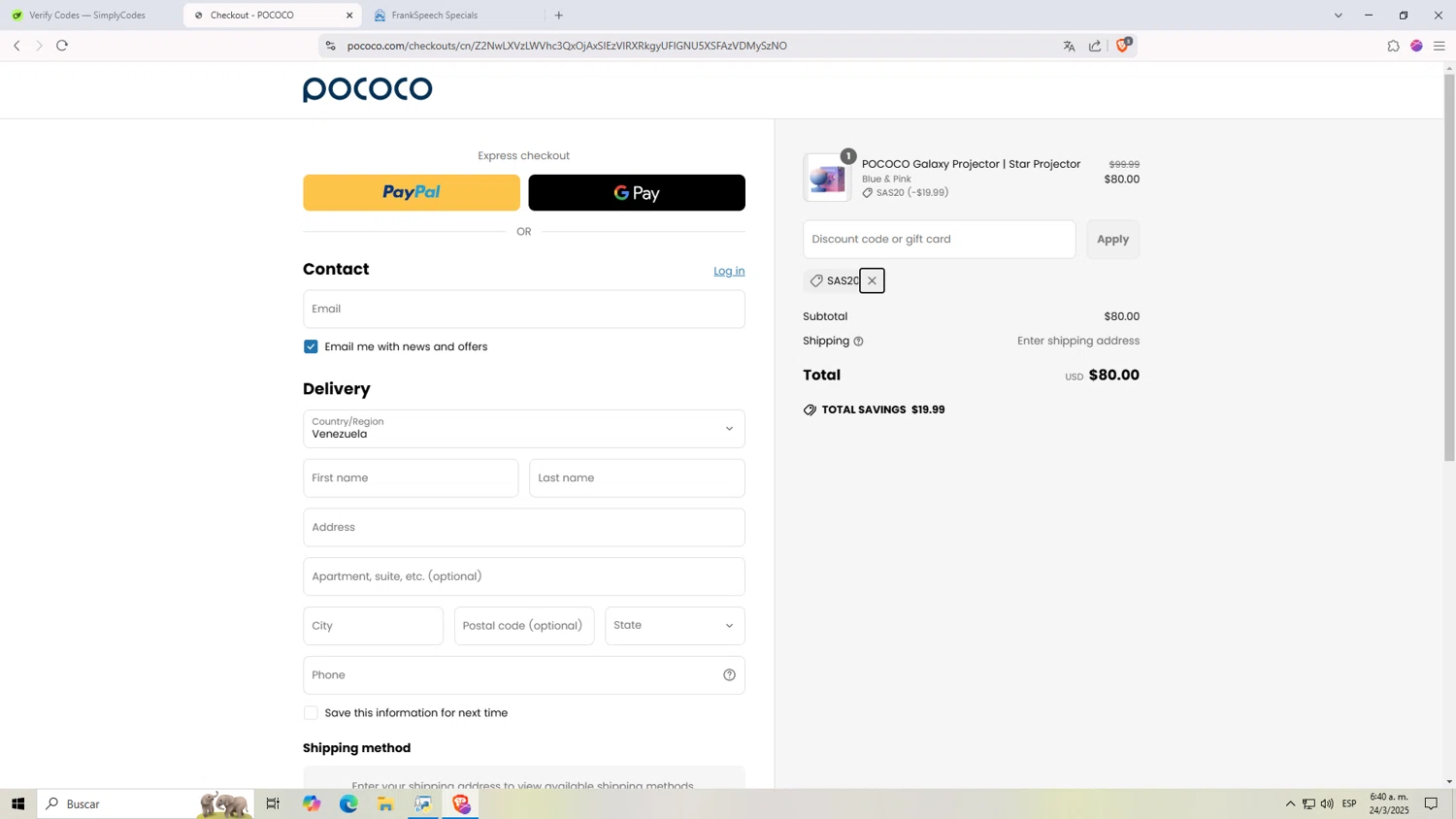 POCOCO discount code screenshot showing code SAS20 applied at POCOCO checkout page. Uploaded by SimplyCodes community member NARUTO_UZUMAKIsx on Mar 24, 2025