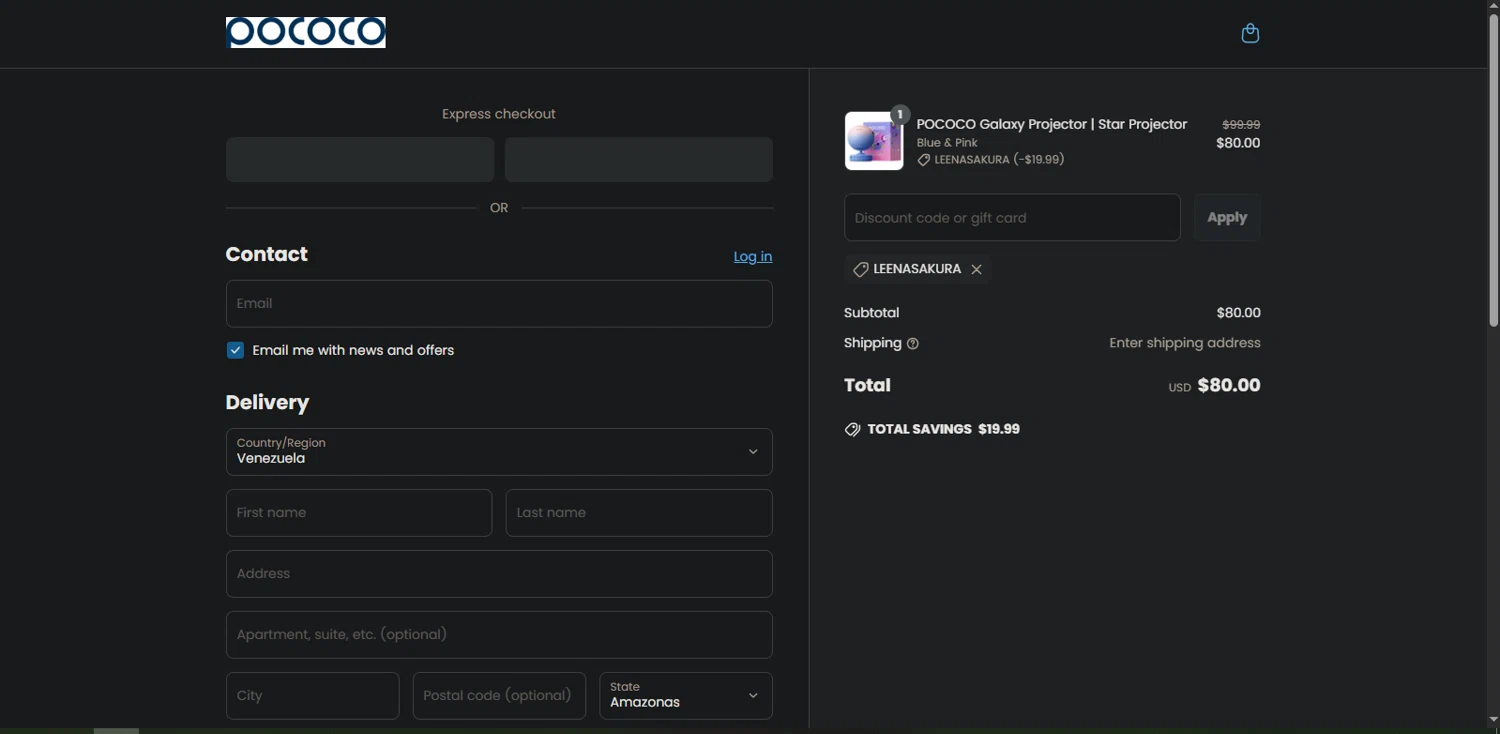 POCOCO discount code screenshot showing code LEENASAKURA applied at POCOCO checkout page. Uploaded by SimplyCodes community member Nor_man on May 24, 2025