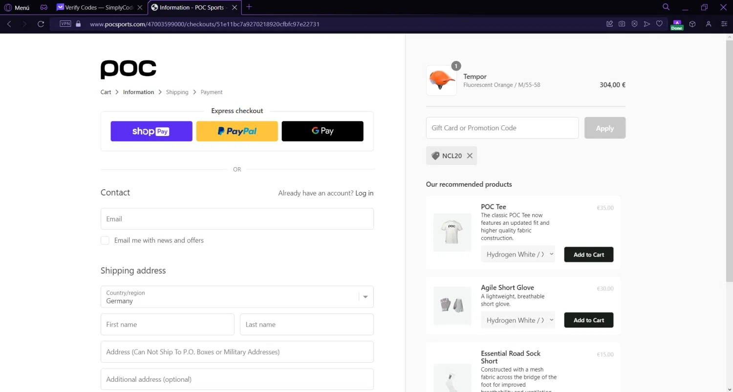 POC Sports checkout page showing POC Sports promo code box | Screenshot taken by SimplyCodes community member on Jul 7, 2023