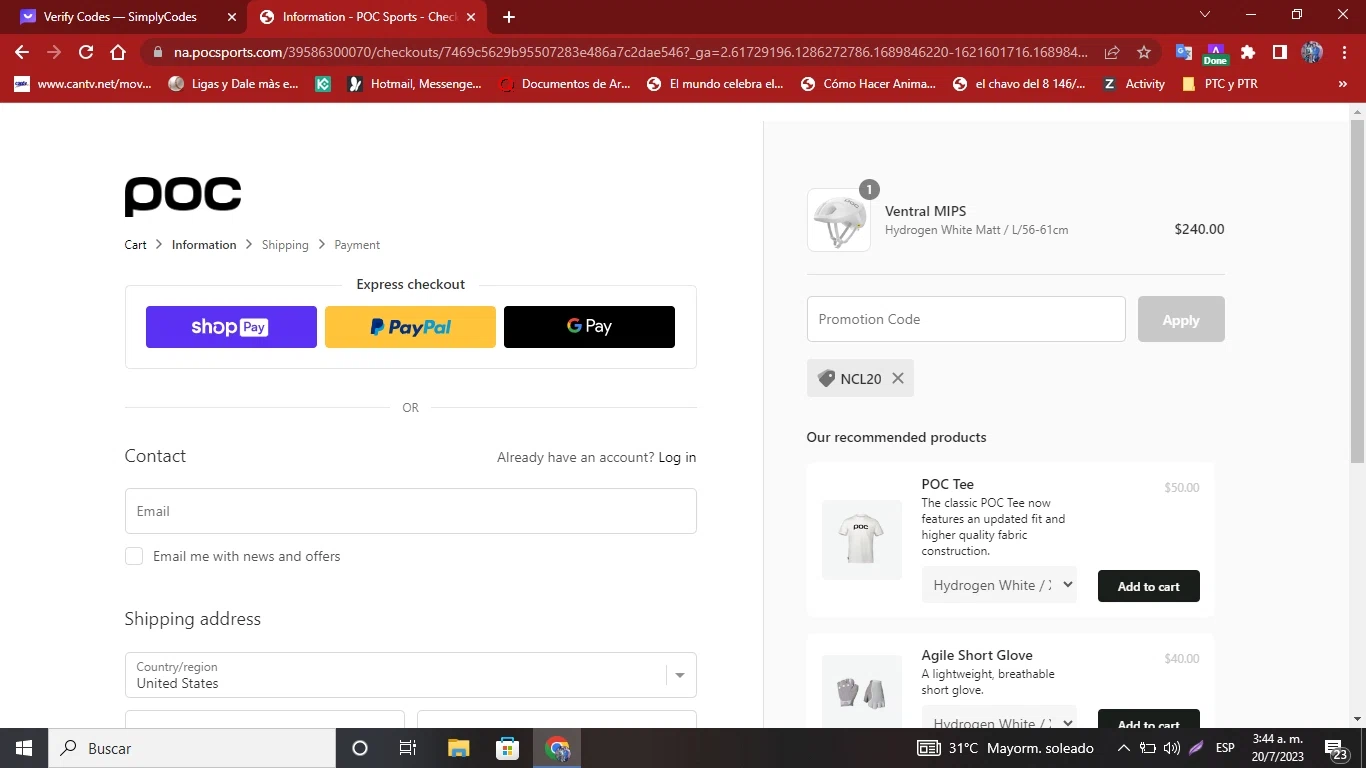 POC Sports checkout page showing POC Sports promo code box | Screenshot taken by SimplyCodes community member on Jul 20, 2023