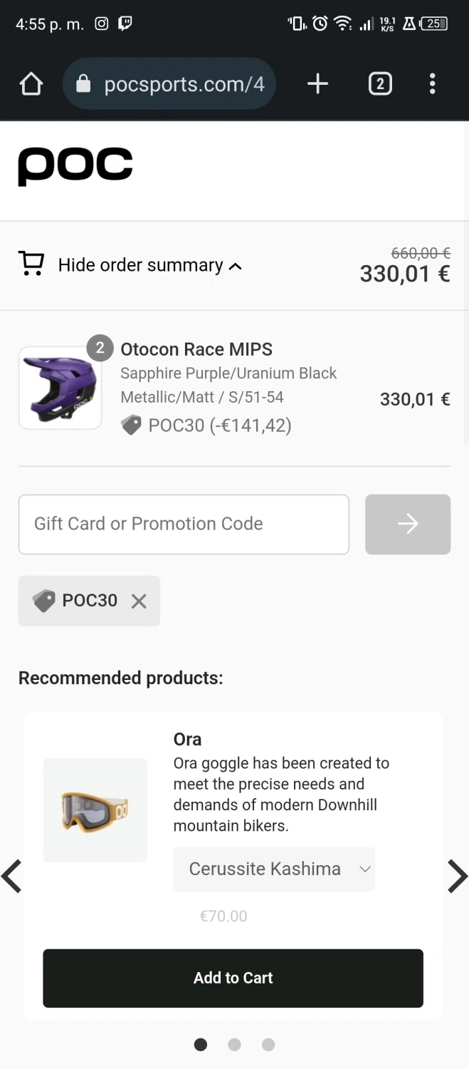 POC Sports checkout page showing POC Sports promo code box | Screenshot taken by SimplyCodes community member on Aug 22, 2023