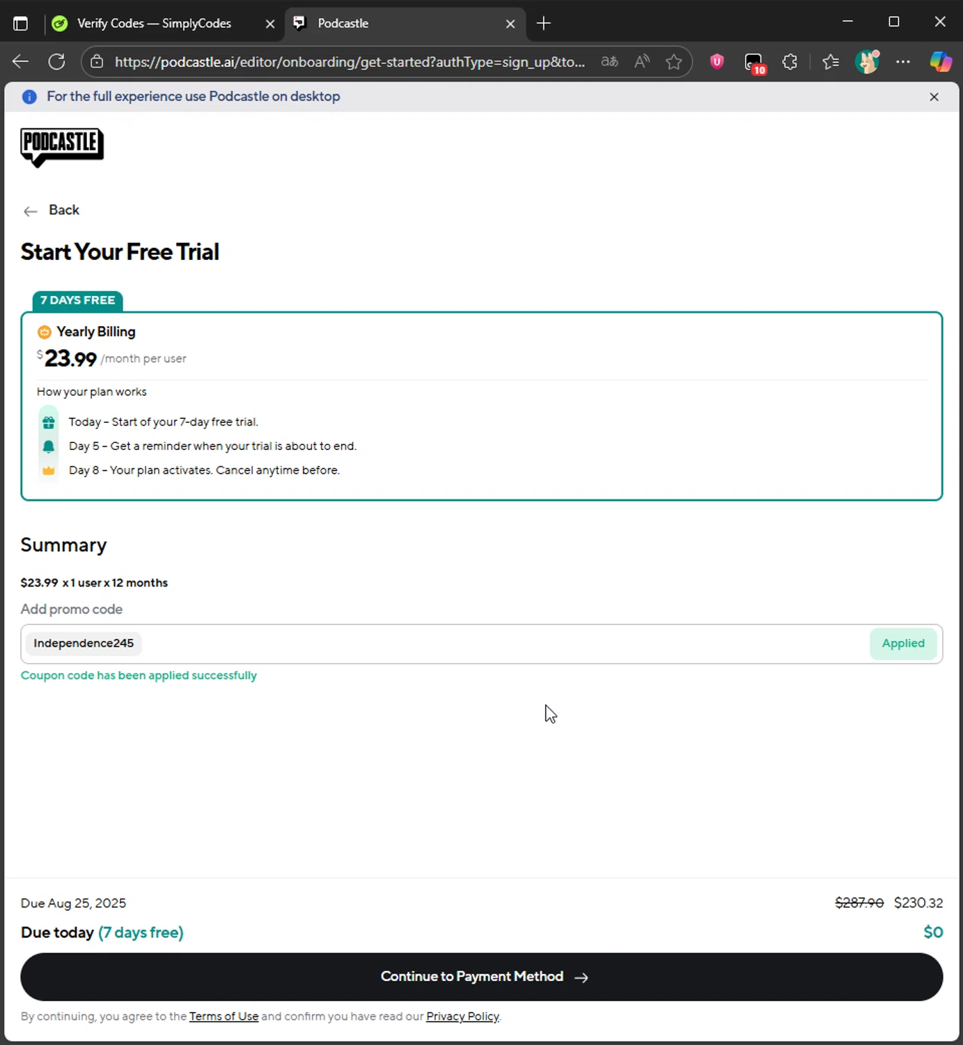 Podcastle Inc. checkout page showing Podcastle Inc. promo code box | Screenshot taken by SimplyCodes community member on Aug 18, 2025