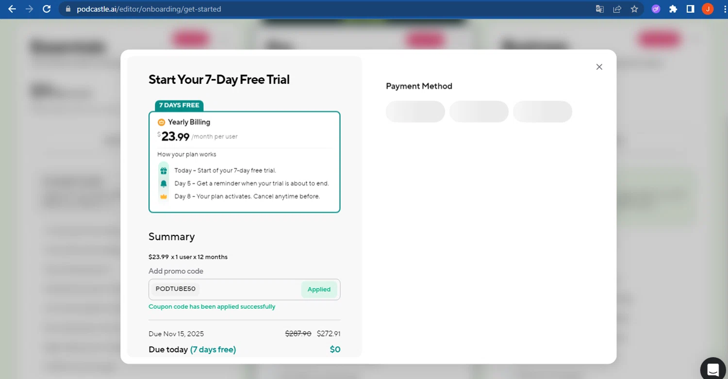 Podcastle Inc. promo code screenshot showing code PODTUBE50 applied at Podcastle Inc. checkout page. Uploaded by SimplyCodes community member FranquizJoel on Nov 8, 2025