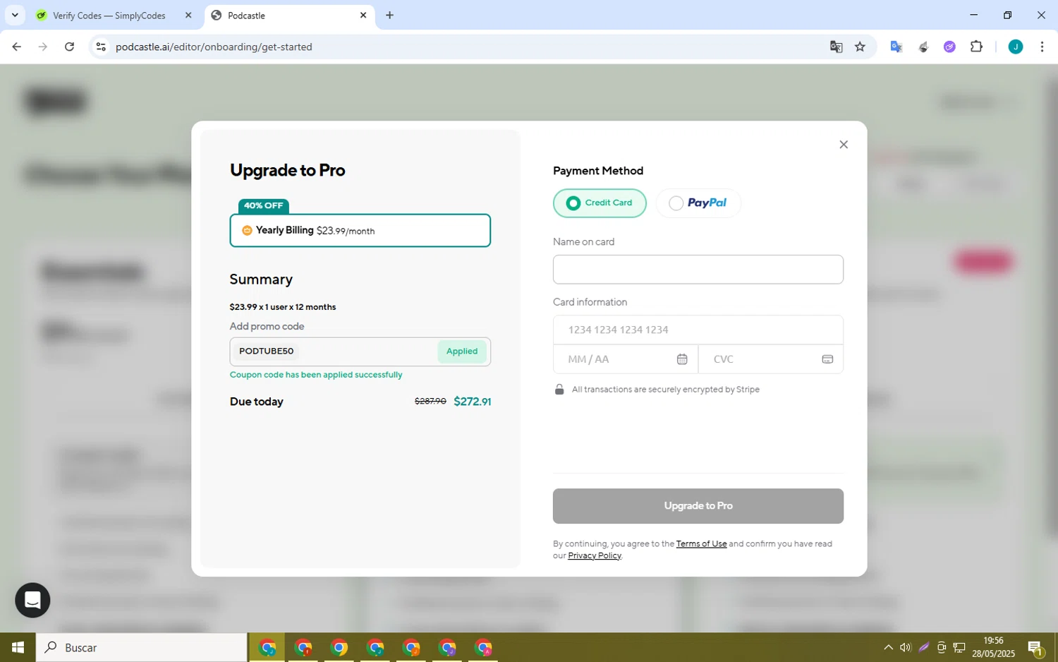 Podcastle Inc. promo code screenshot showing code PODTUBE50 applied at Podcastle Inc. checkout page. Uploaded by SimplyCodes community member collug_2_0 on May 28, 2025