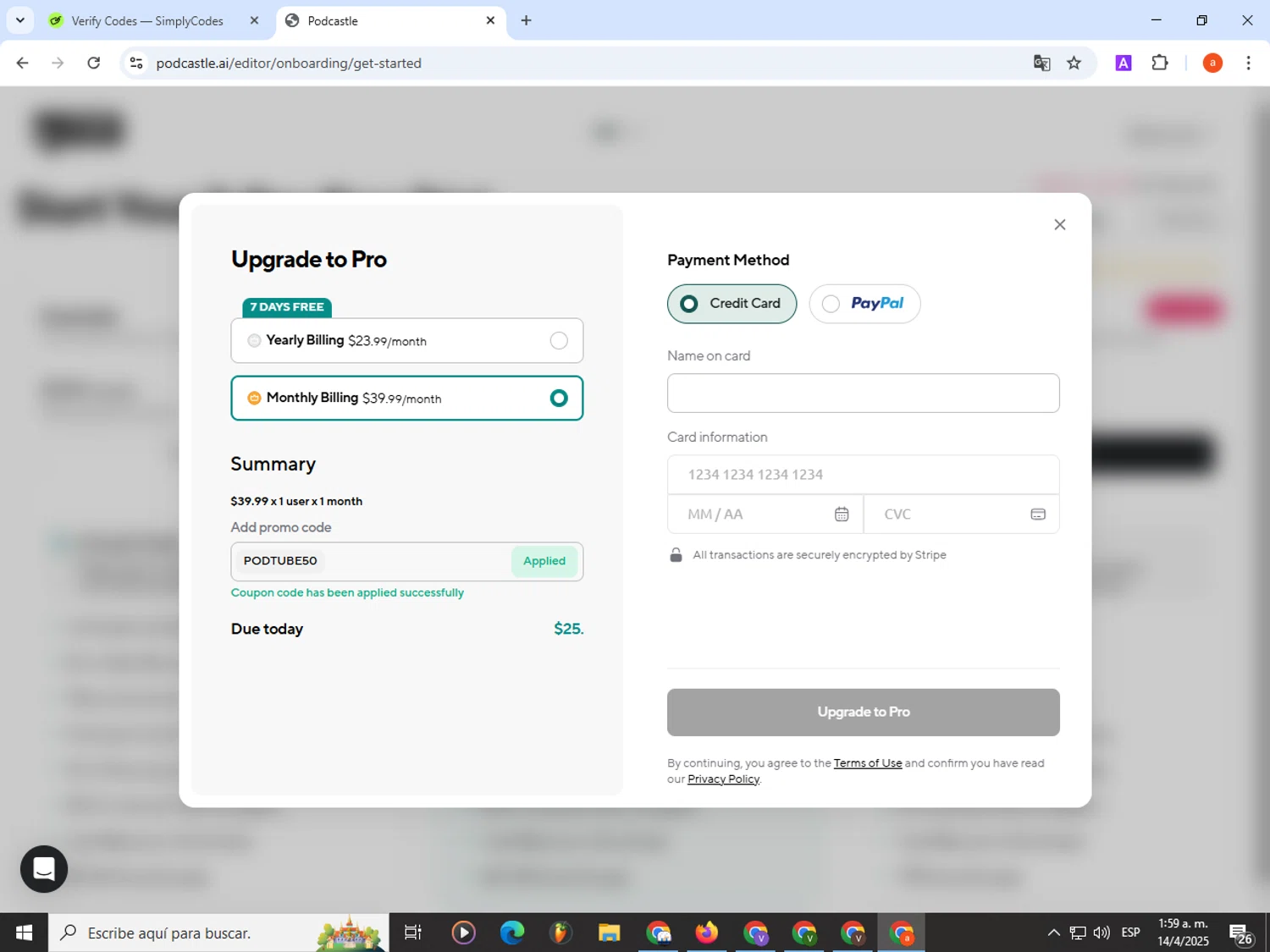 Podcastle Inc. promo code screenshot showing code PODTUBE50 applied at Podcastle Inc. checkout page. Uploaded by SimplyCodes community member partenalgas on Apr 14, 2025