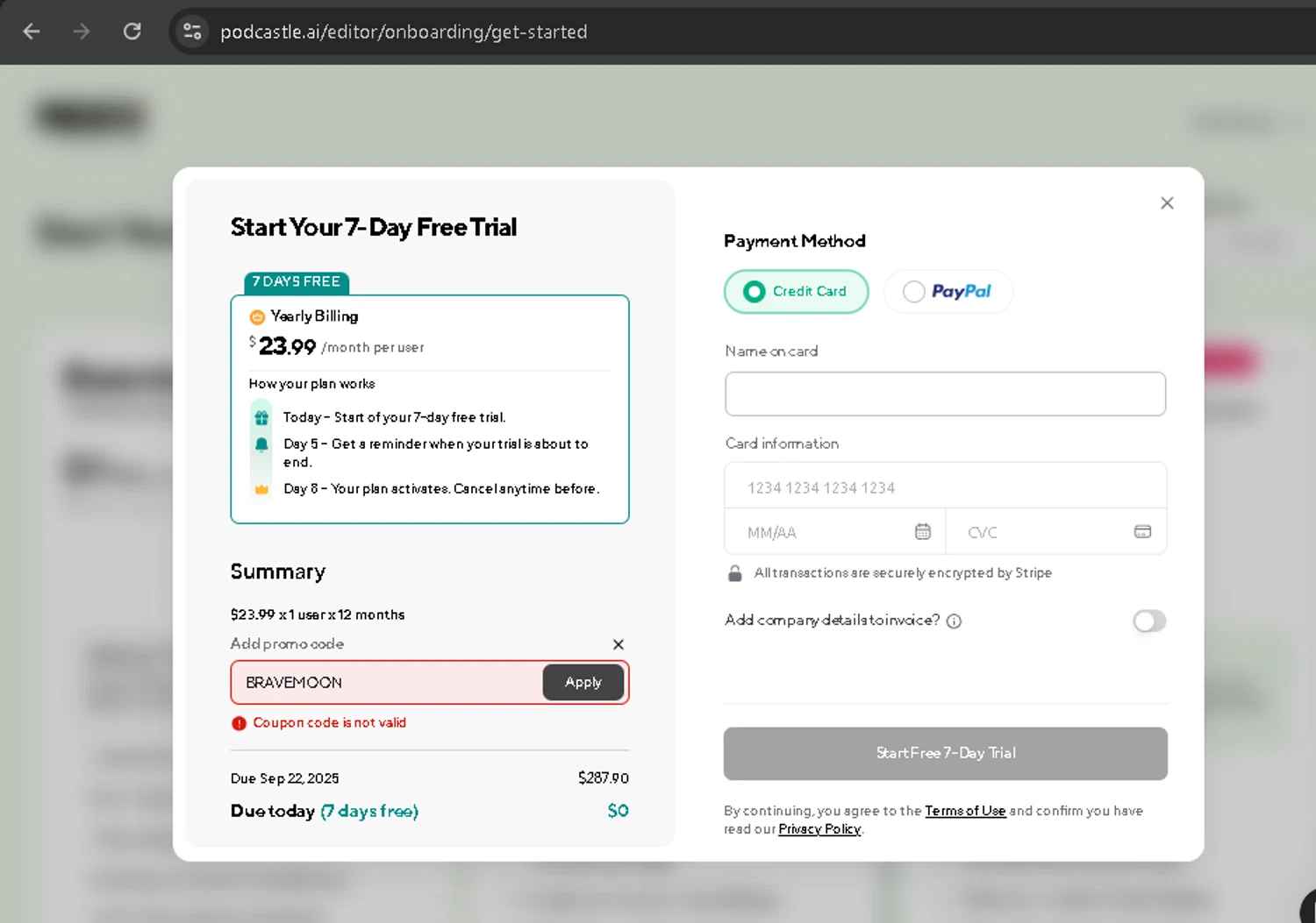 Podcastle Inc. promo code screenshot showing code BRAVEMOON applied at Podcastle Inc. checkout page. Uploaded by SimplyCodes community member BonusPro7395 on Sep 15, 2025
