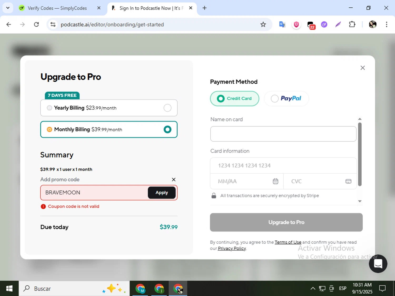 Podcastle Inc. promo code screenshot showing code BRAVEMOON applied at Podcastle Inc. checkout page. Uploaded by SimplyCodes community member mariapolancog on Sep 15, 2025