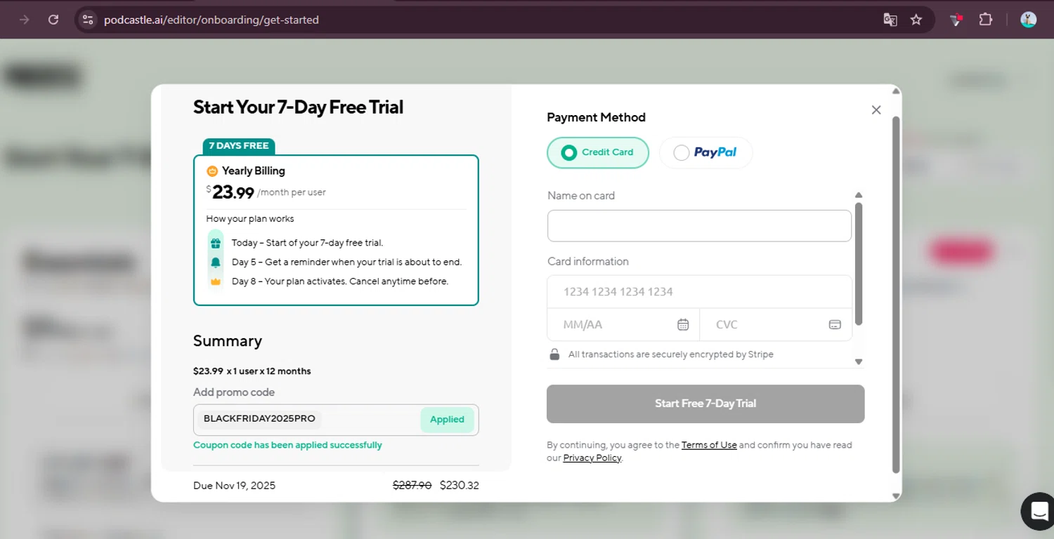 Podcastle Inc. checkout page showing Podcastle Inc. promo code box | Screenshot taken by SimplyCodes community member on Nov 12, 2025