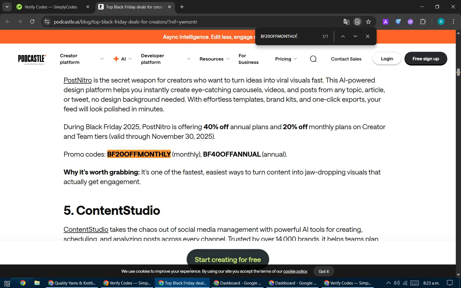 Podcastle Inc. promo code screenshot showing code BF20OFFMONTHLY applied at Podcastle Inc. checkout page. Uploaded by SimplyCodes community member CleverPilot5845 on Dec 19, 2025