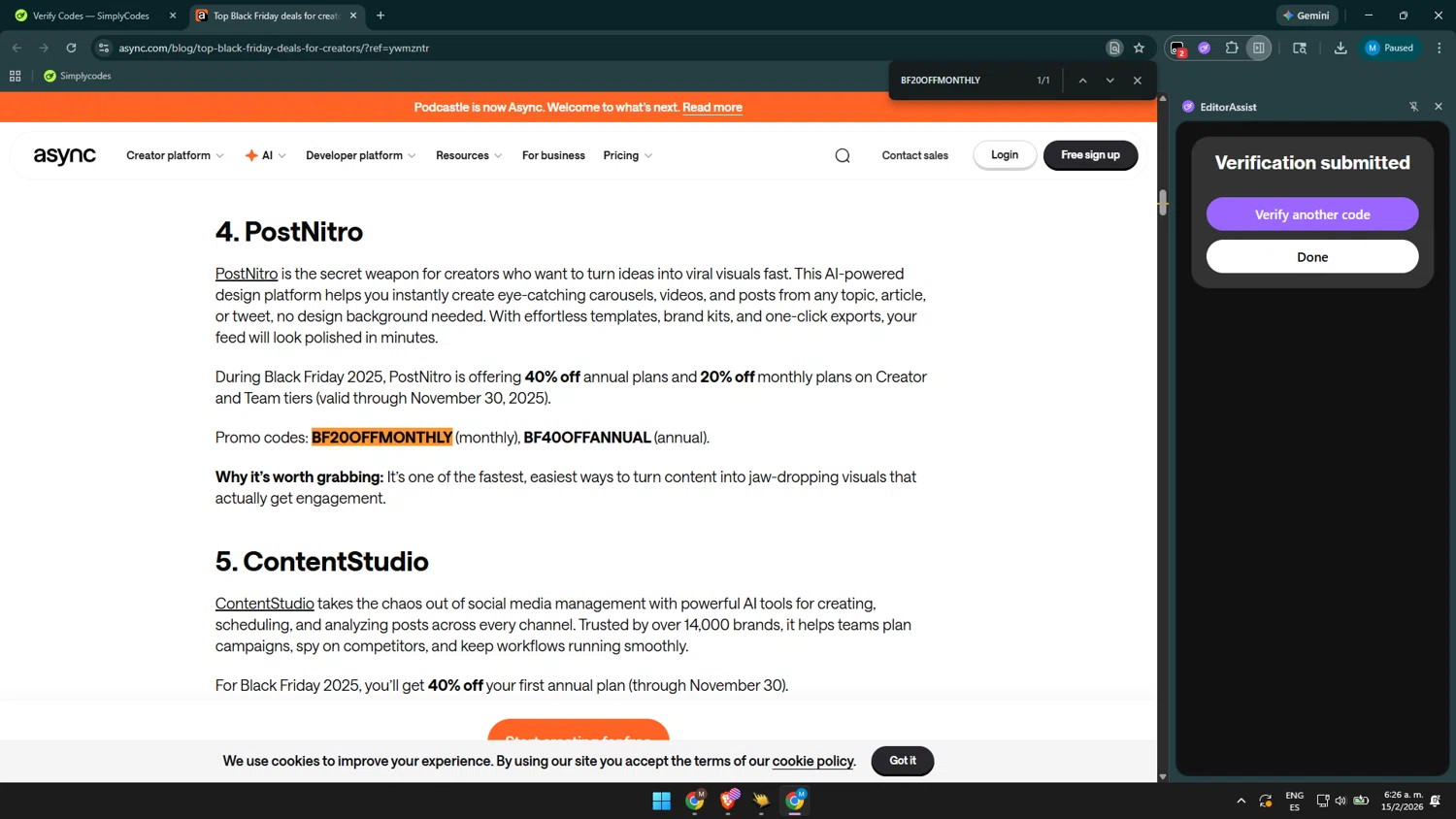 Podcastle Inc. checkout page showing Podcastle Inc. promo code box | Screenshot taken by SimplyCodes community member on Feb 15, 2026